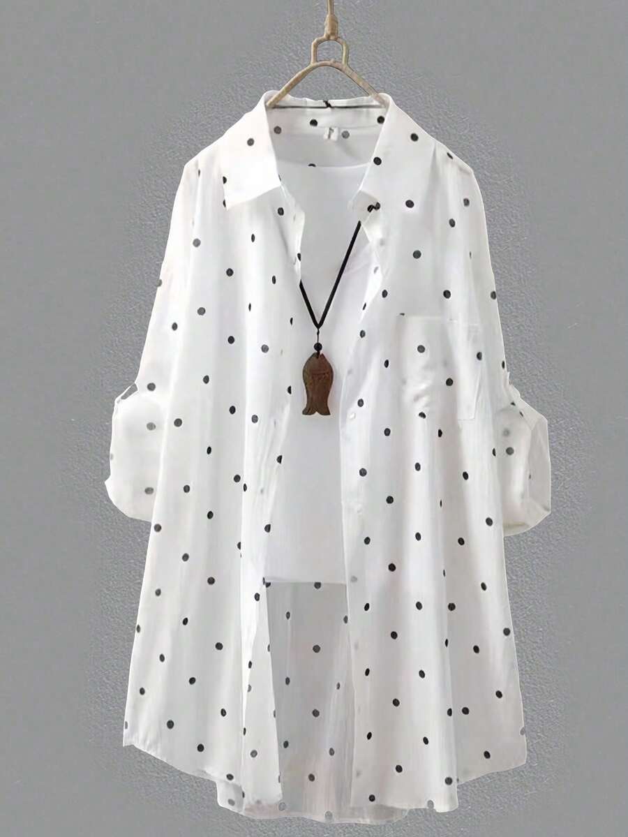 Camisa larga de mujer con lunares blancos, con cuello, manga larga, bolsillo con botón delantero, bajo regular, manga enrollada, camisa fluida, transpirable y ligera, protección solar para v - Blanco - Ver 1