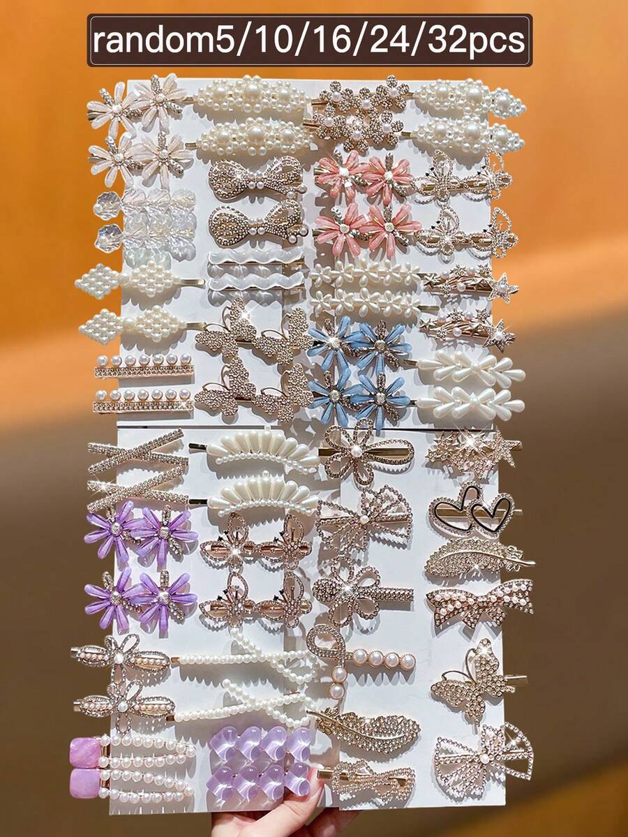 隨機 32/24/16/10/5 個裝 女用髮夾，精緻時尚，閃亮水鑽與仿珍珠髮夾，包含花朵、蝴蝶、愛心造型，適合節日派對與晚間活動，女用海灘配件，夏季配件，髮爪