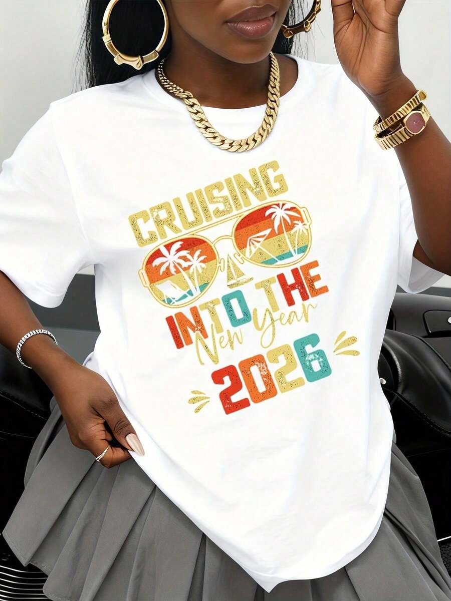 Paseo Casual hacia el Año Nuevo 2026, Diseño de Gafas de Sol Tropicales, Camiseta para Mujer, Ropa para Fiestas y Celebraciones, Atuendo de Viaje para Vacaciones de Verano, Moda - Blanco - Ver 1