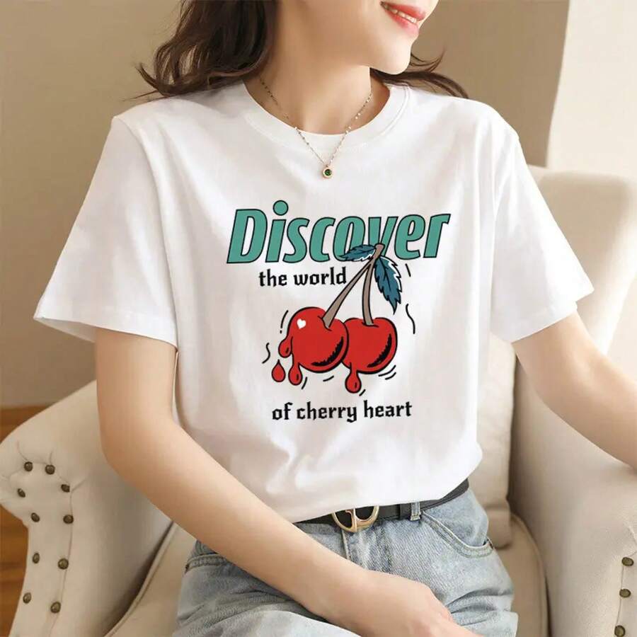 Loose Fit T-Shirt With Anime Cartoon Print - Letter Cherry - View 1