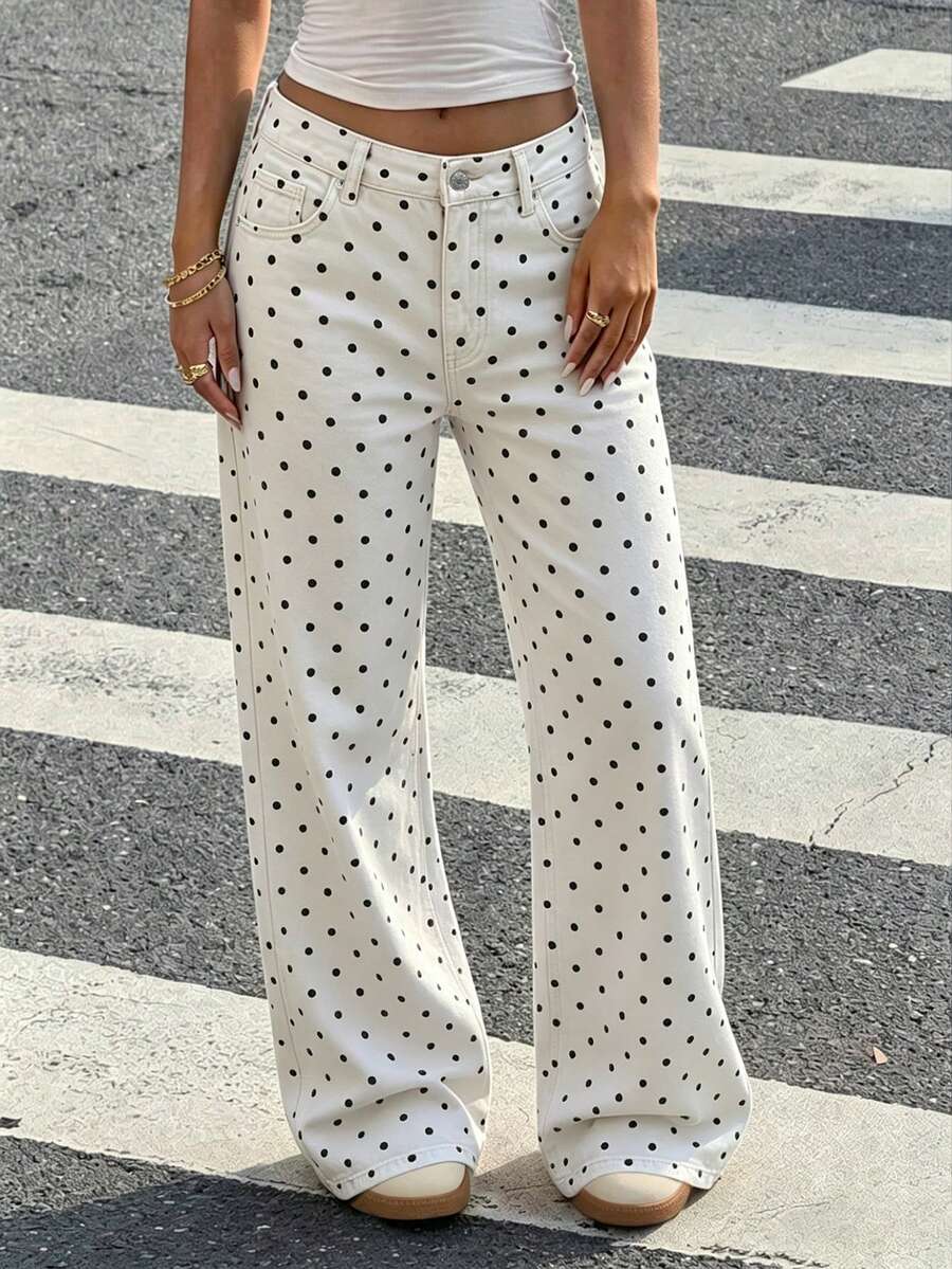 Women's Cute Polka Dot Straight Leg Jeans, Casual Long Pants, Button And Zipper Detail Design, Non-Stretch Fabric