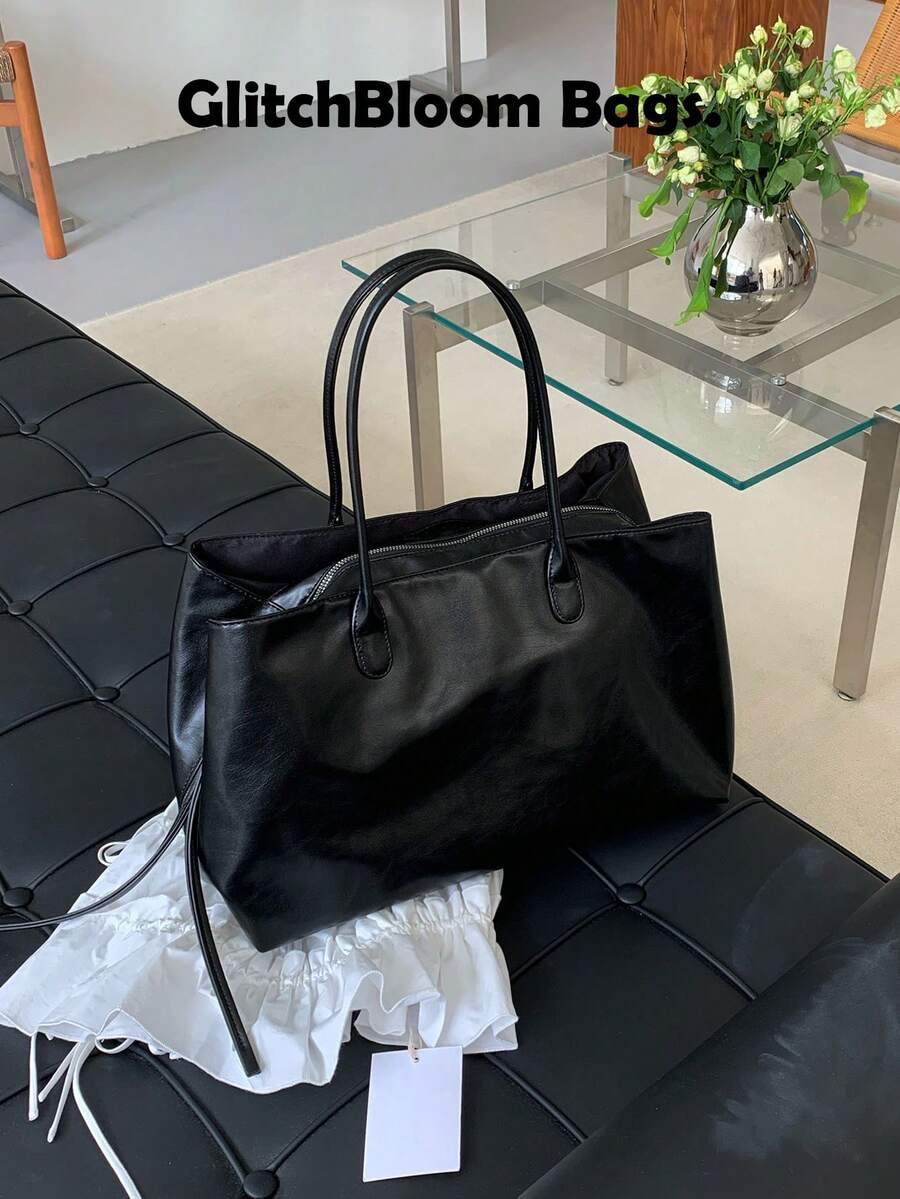 黑色大容量托特包，休閒PU材質單肩包，附椰子樹吊飾，輕便通勤旅行手提包（不含配件）