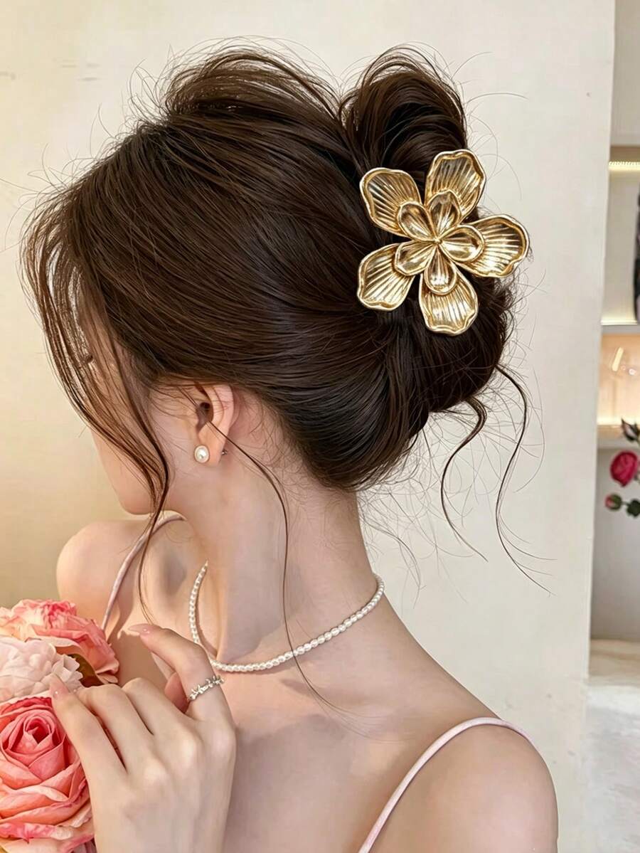 1個時尚合金百搭五瓣花形髮爪夾,優雅高級女性髮飾,適合日常配戴、聚會、旅行與休閒造型 - 金色 - 查看 1