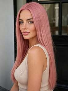 28 Inch Pink Straight Hair Wig Women Fashion Party Wig Christmas Carnival Style Middle Part No Bangs Suitable For All Women Halloween - Pink - View 4