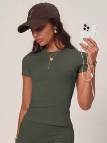 PinkTip Basic Top, High Waist Loose Fit, Summer Casual And Fitness Essential Sports - Army Green - View 3