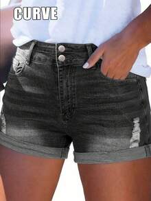 Cross-Border Plus Size Women's Straight Cut Denim Shorts With Pocket Decoration, Mid-Stretch Fabric, Creating A Relaxed And Confident Summer Vibe. - 灰色 - 查看 4