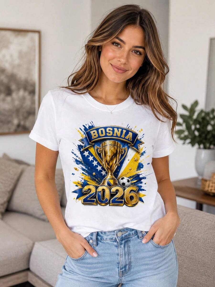 Camiseta de Fútbol de Bosnia 2026, Camiseta de Fanático del Fútbol de Bosnia y Herzegovina, Camiseta con Diseño Gráfico Estilo Copa del Mundo, Camiseta con Bandera de Bosnia, Ropa para el Dí - Blanco - Ver 1