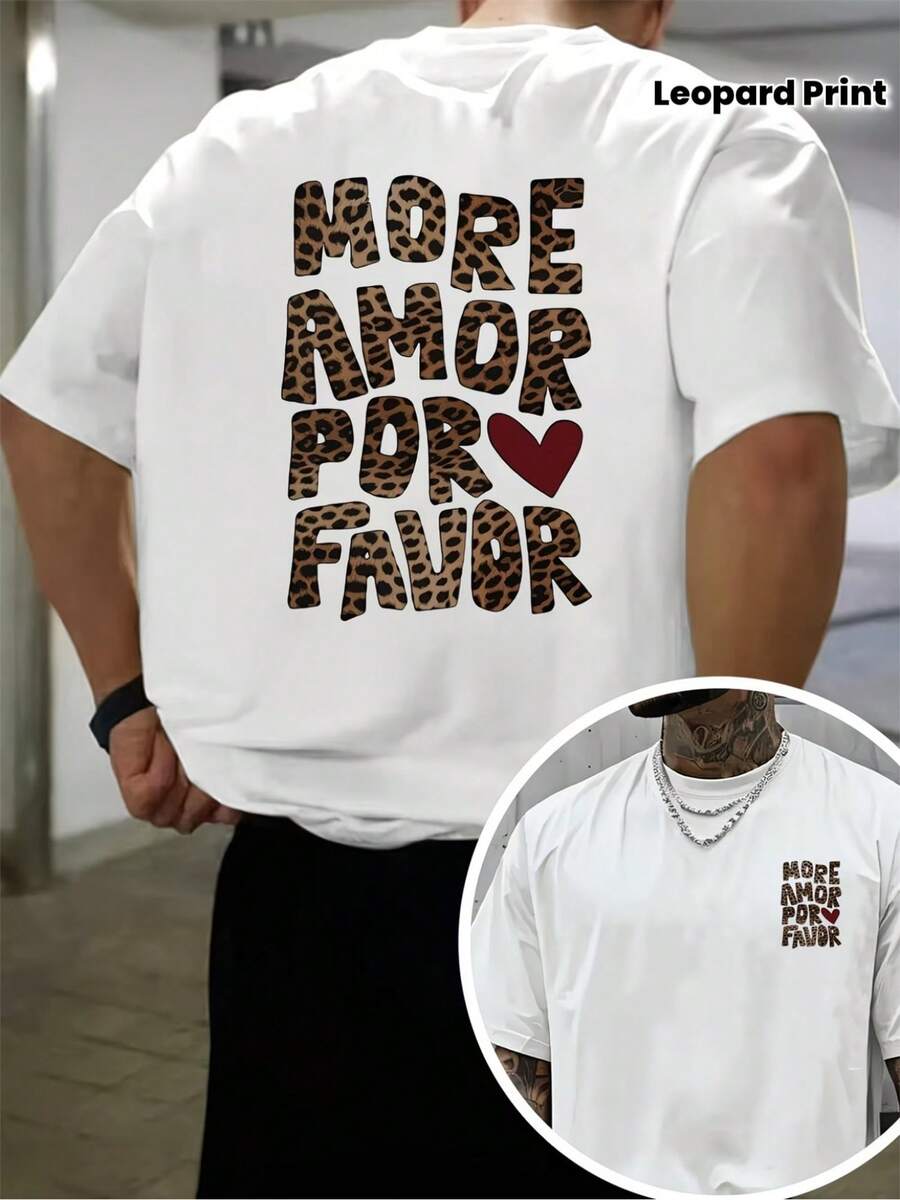 Camiseta de hombre, estampado de leopardo con la frase More Amor Por Favor impresa en la parte delantera, de manga corta, moderna y a la moda, adecuada para uso diario casual y actividades - Blanco - Ver 1