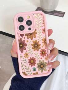 Fashion Floral Pattern Anti-Drop Phone Case Compatible With 11/12/13/14/15Pro Max - Pink - View 3
