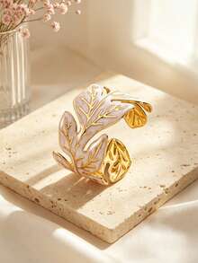 VceTd 1pc Naturalistic Style Colorful Enamel Leaf Design Stainless Steel Open Bangle Bracelet For Women, Suitable For Casual, Vacation Or Party Wear - Yellow Gold - View 8