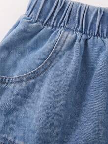 Falda vaquera multicapa decorada con perlas para niñas con cintura elástica, falda vaquera mini casual de línea A, de moda y versátil - Lavado ligero - Ver 5
