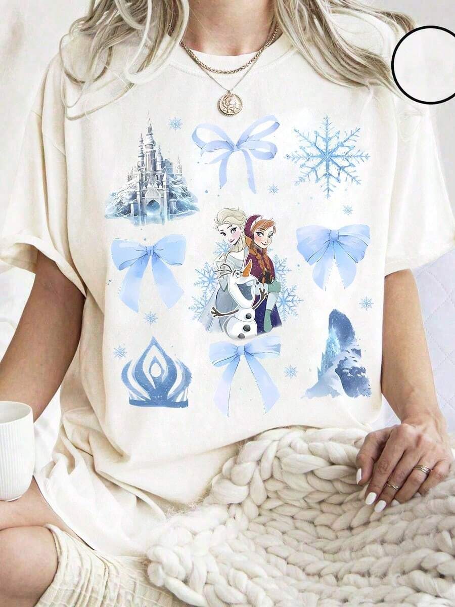 Licensed Disney Frozen Sisters Unisex Tee, Soft Stretch Crew Neck Loose Fit, Casual Summer Top For Daily Use & Holiday Gift - 白色 - 查看 1