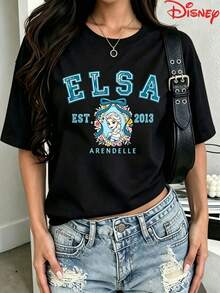 Vestido de verano para mujer de la marca Disney. Camiseta informal de algodón de manga corta con estampado de Frozen Arendelle y cuello redondo, corte regular, ideal para conjuntos de verano. - Negro - Ver 1