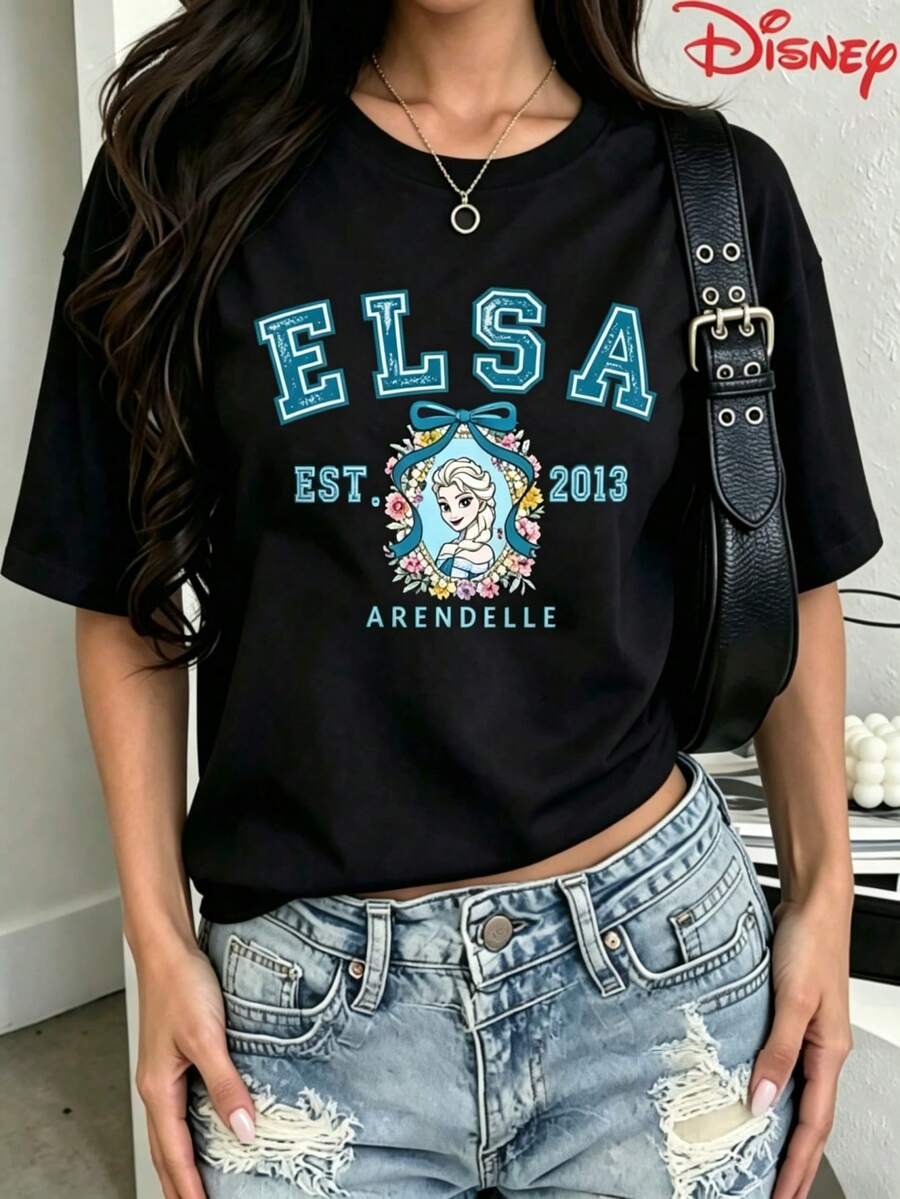 Vestido de verano para mujer de la marca Disney. Camiseta informal de algodón de manga corta con estampado de Frozen Arendelle y cuello redondo, corte regular, ideal para conjuntos de verano. - Negro - Ver 1