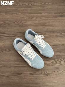NZNF Giày thể thao đế bằng kiểu Đức cao cấp cho nữ, giày sneaker đa năng mới cho mùa thu phối hợp với váy - Màu xanh nhạt - Xem 1