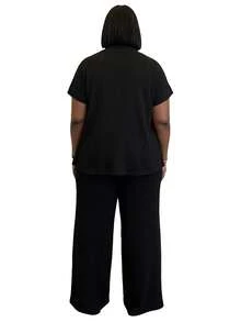 2pcs Plus Size Black Ribbed Turtleneck Top And Wide Leg Pants Set Elegant Summer - Black - View 4