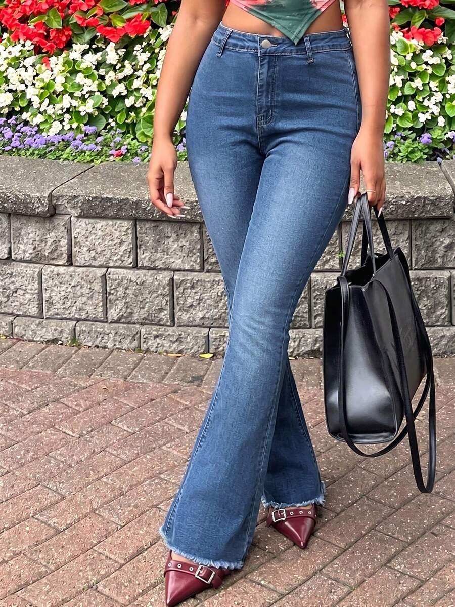 Versatile Washed Distressed Pocket Flare Jeans For Women, Suitable For Commuting, Casual Vacation, And Dating - Dark Wash - View 1