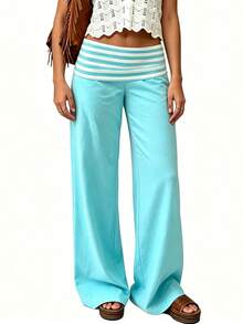 Women Y2k Striped Fold Over Pants Low Rise Yoga Pants Lounge Bottoms Color Block Wide Leg Flare Leggings Sweatpants - 藍色 - 查看 7
