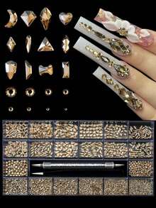 21-Grid Nail Art Rhinestone Set With Rhinestone Picker Pen, Champagne Color Nail Decorations, Multiple Shapes For DIY, 3D Embellishments, Nail Supplies, Suitable For Daily Use And Nail Salons - Champagne - View 6
