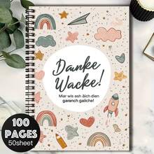 1 Cute Hand-Drawn Style Spiral Coil Notebook, Cover Printed With "Danke Wacke!" And Exquisite Patterns. 100 Pages 50 Sheets, Suitable For Work Records, Study Notes, Diary Writing, Daily Planning, Etc., Also A Thoughtful Graduation Gift, Birthday Gift, Memo Recording Helper, Versatile For Various Occasions! - L - View 1