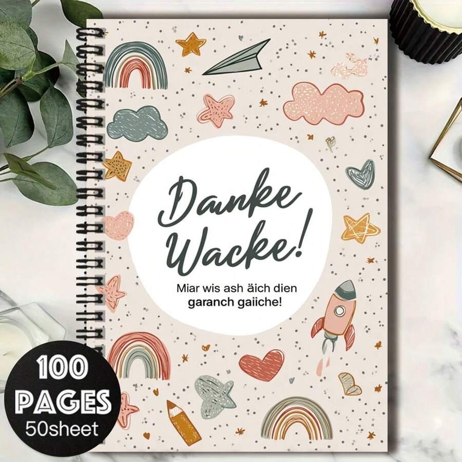 1 Cute Hand-Drawn Style Spiral Coil Notebook, Cover Printed With "Danke Wacke!" And Exquisite Patterns. 100 Pages 50 Sheets, Suitable For Work Records, Study Notes, Diary Writing, Daily Planning, Etc., Also A Thoughtful Graduation Gift, Birthday Gift, Memo Recording Helper, Versatile For Various Occasions! - L - View 1