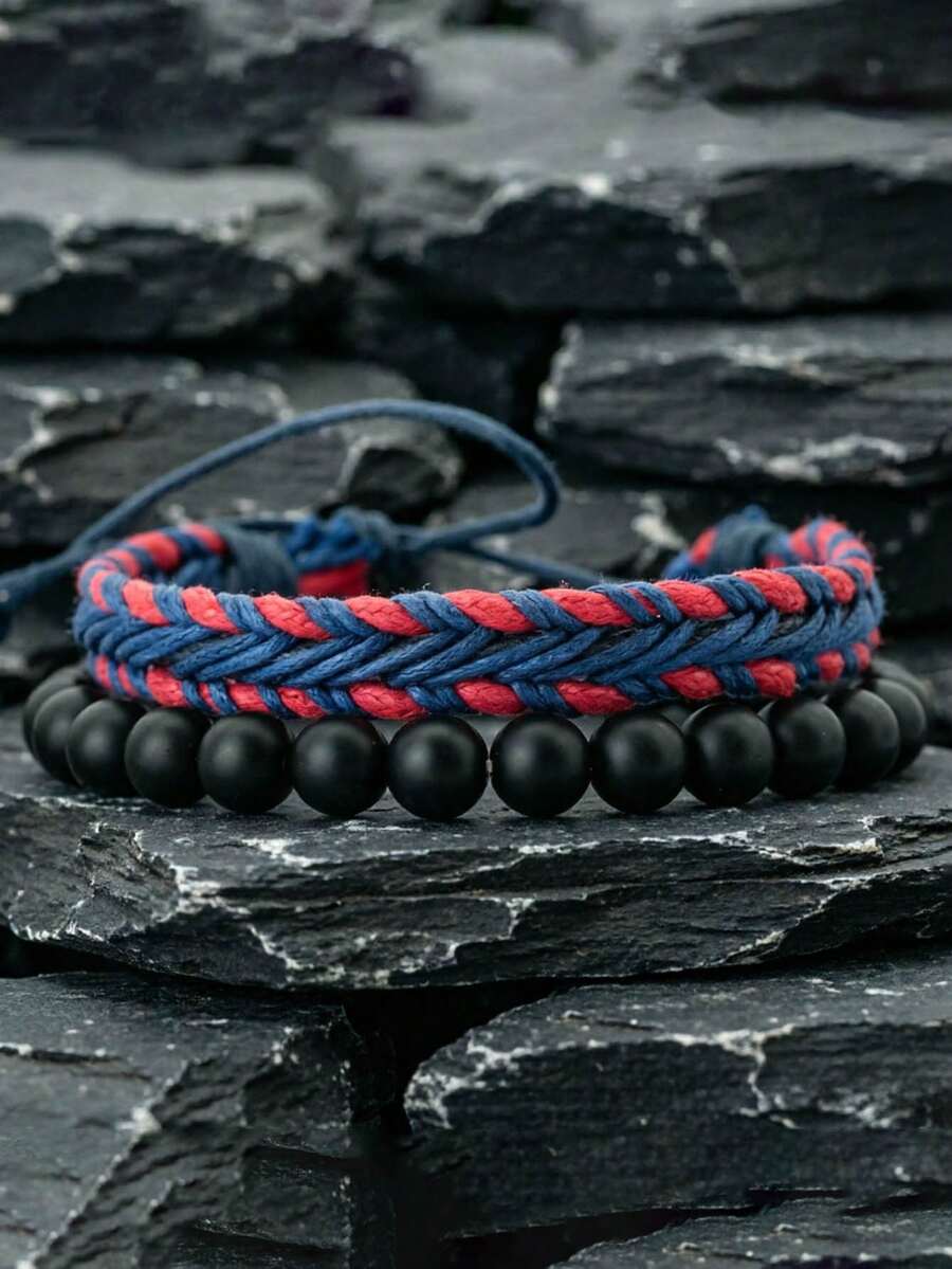 diffone Bộ vòng tay dây thừng tết thủ công phong cách cổ điển, vòng hạt đen 8mm, trang sức đeo cổ tay cho nam - bộ vòng tay nam - Xem 1
