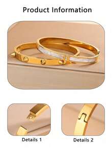 VceTd 2PCS Fashion Style Rivet Decorated Combined Design Glass Inlaid Stainless Steel Women's Bracelets, Suitable For Women's Fashion Outings, Vacations Or Party Gatherings - Yellow Gold - View 9