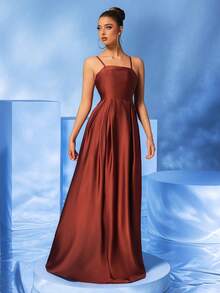 Vestido marrón de tirantes finos con espalda descubierta y bolsillos, ideal para fiestas, bodas y eventos formales. - Marrón - Ver 5