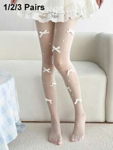 1/2/3 pares de calcetines por encima de la rodilla con estampado de lazo para mujer, regalo de primavera/verano (tarjeta no incluida), medias cómodas - Multicolor - Ver 3