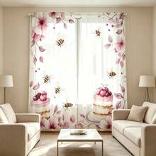2pcs Watercolor Cherry Blossom & Cake Sheer Curtains-Adorned With Cherry Blossom, Cake, And Bee Motifs; Light-Filtering With 2D Flat Printing; Suitable For Bedrooms, Living Rooms, Dining Rooms, And Kitchens. - Multicolor - 2pcs - View 6