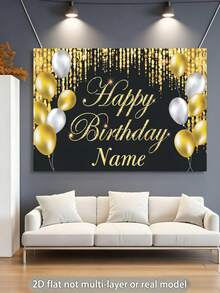 Customizable Name & Birthday Theme Backdrop, Black & Gold Background, Gold Balloons & Glitter Decor, Ideal For Birthday Party Cake Table, Photography Banner, Vinyl Material, Party Glam - Black Gold - View 4