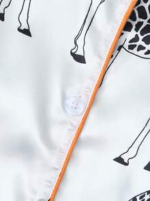 Women's 2pcs Pajama Set, Stylish Giraffe Animal Print, Silky Homewear & Outerwear, Short Sleeve Button Lapel Top & Shorts For Spring Summer - White - View 8