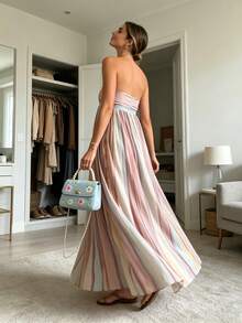 Strapless Pleated Color-Block Evening Gown, Women's Flowy A-Line Floor-Length Formal Dress, Elegant Gala & Prom Dress - Color - View 6