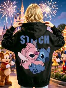 Disney Outfits Women Graphic Black Hoodie|Disney Stitch And Angel Print Hoodie For Women,Casual Clothes Sweatshirt,Suitable For Sports Daily Wear - 黑色 - 查看 3