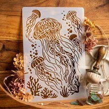 水母海洋模板，A4可重複使用海洋生物繪畫模板，海洋動物繪圖模板，適用於DIY手工藝、牆面藝術裝飾、剪貼簿、布料畫布繪畫、卡片製作、家居裝飾，水下世界水母海洋模板 - 套裝 - 查看 1