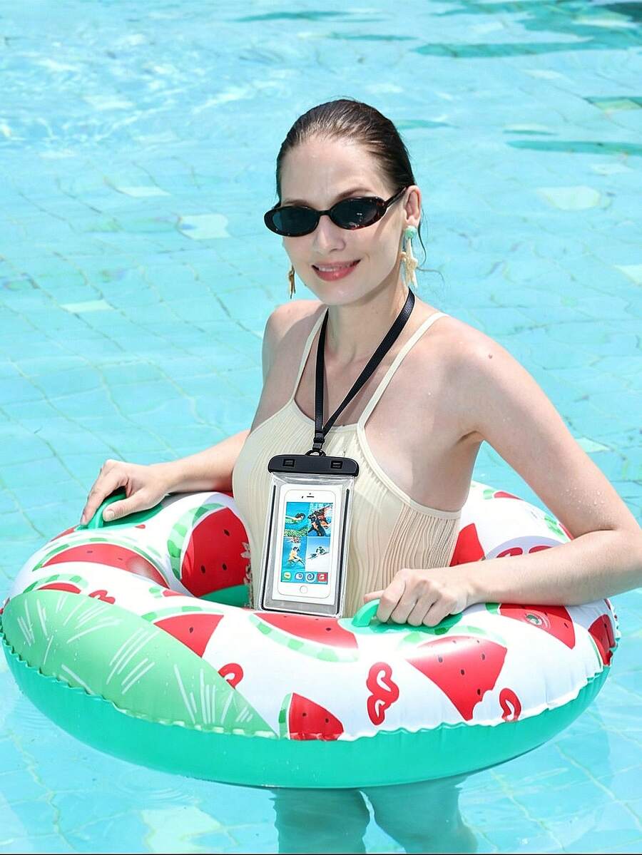 1 Set de flotador inflable para piscina, funda impermeable para teléfono y bomba de aire, aro inflable de PVC de 60-100cm, flotadores de brazo inflables unisex, incluye estilo de dona verde, rosa, chocolate, estilo de sandía, adecuado para adultos, adolescentes, fiesta en la playa, piscina, playa, vacaciones de verano, flotador de ocio para piscina - Múltiples estilos - Ver 1