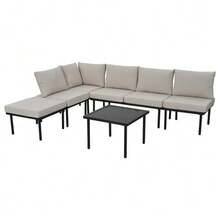 Set Of 6 Garden Lounge Chairs With Galvanized Iron Frame, Beige Braided Rope, Adjustable Feet And Smooth Glass Top. Seat And Back Cushions Included. - Beige - View 8
