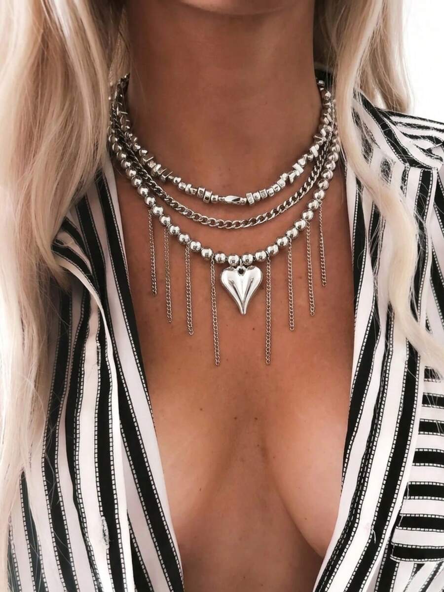 Y2K Cybercore Chunky Silver Layered Necklace - Edgy Heart Pendant & Fringe Chain Choker For Women - Silver - View 1