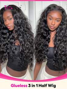 Tinashe Beach Curly Natural Wave 3 IN 1 Half Wig Human Hair Wigs Scalp Look 180% Density Human Hair Human Hair Wig No Leave Out Brazilian Human Hair Natural Color For Women Glueless Wig Clip & Go - SNatural - View 1