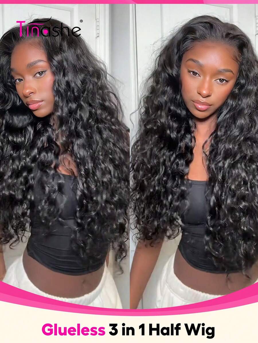 Tinashe Beach Curly Natural Wave 3 IN 1 Half Wig Human Hair Wigs Scalp Look 180% Density Human Hair Human Hair Wig No Leave Out Brazilian Human Hair Natural Color For Women Glueless Wig Clip & Go - SNatural - View 1