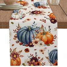 Fall Thanksgiving Orange Blue Pumpkins Floral Botanical Table Runner Holiday Party Decor Reusable Kitchen Dining Table Runner For Coffee Tables,Wedding Party,Autumn Decorations - Multicolor - View 1