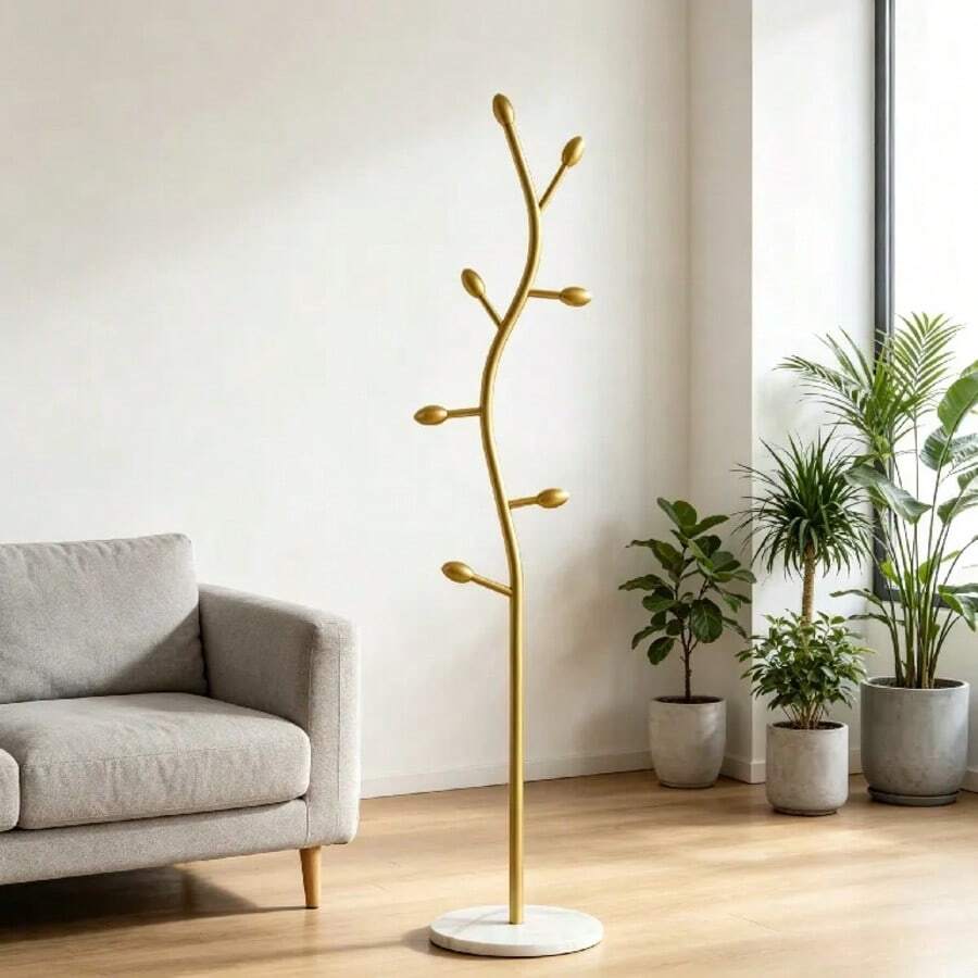 Metal Coat Rack Stand – Freestanding Clothes Hanger With Modern Nordic Design - Gold - View 1