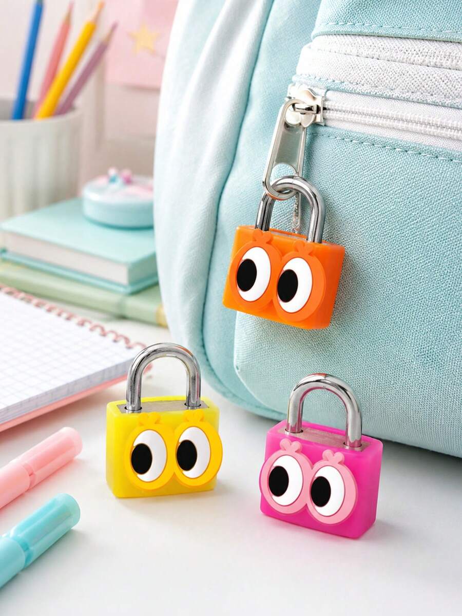 1Pc Cute Cartoon Eyes Mini Padlock Small Key Lock For Backpack Luggage Diary Drawer Cabinet Student Kids Security Tiny Lock - Multicolor - View 1