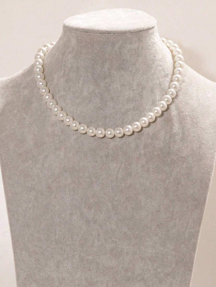 1pc Pearl Necklace, Simple Elegant Classic Fashionable Pearl Necklace, Sweet Collarbone Necklace For Girls, Birthday Party Banquet Ball Ceremony Jewelry Accessory Gift - White - View 1