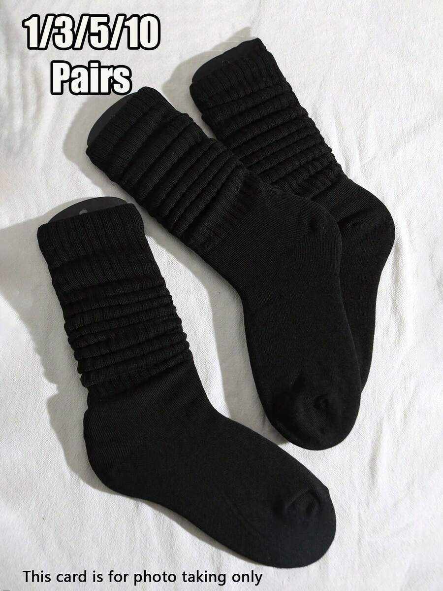 1/3/5/10 Pairs Unisex Pure Black Soft Breathable Slouch Mid-Calf Socks, Suitable For Daily And Outdoor Wear - Black - View 1