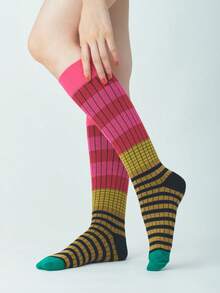1/4 Pairs Vintage Striped Compression Calf Socks, Women's Fashion Color-Block Long Socks, Slimming Barn Style Y2K Outfit, Pairs With Leather Shoes, Boots, Sandals, Suitable For Various Occasions - Multicolor - View 3