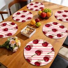 1/2/4/6/8/300 piezas Manteles de lujo de la serie de frutas, decorados con un patrón de cerezas frescas y un fondo de rayas rosas. Material de poliéster lavable a máquina, resistente a las manchas, impermeable y fácil de limpiar. Adecuado para decoración de fiestas y cocina. - Multicolor - Ver 7