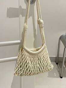 2026 Woven Net Bag Shoulder Bag Colorful Stone Beads Embellished Lattice Vacation Handbag Design Drawstring Inner Pocket Women's Bag - White - View 6