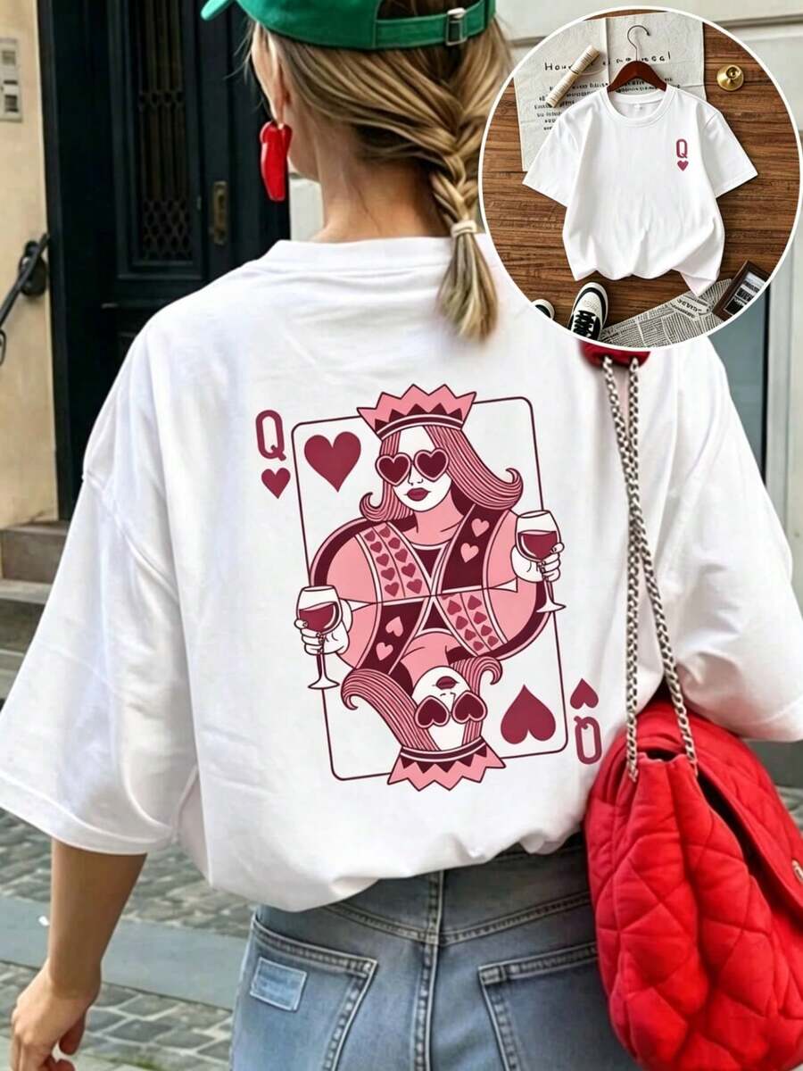 1 Piece Women's Short-Sleeved, Round-Neck T-Shirt, Loose Fit For Summer, With A "Queen Of Hearts" Themed Print In Wine Red, Suitable For The Office, Going Out, And Everyday Wear. - 白色 - 查看 1