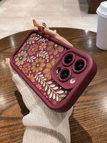 Fashionable Floral Print Anti-Drop Phone Case, Compatible With 11/12/13/14/15 Pro Max - 酒紅色 - 查看 5